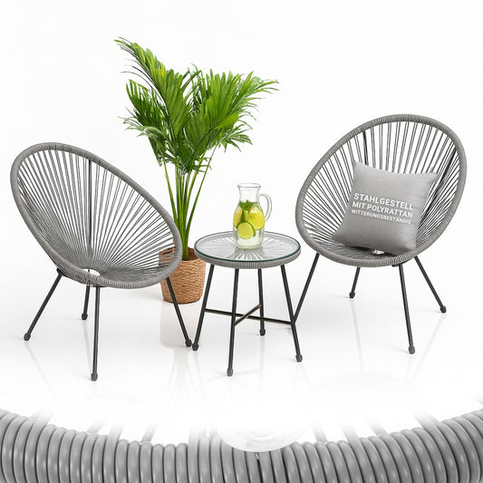 Ostana Balkonmöbel Set 3-teilig, Tisch & 2 Sessel Hellgrau
