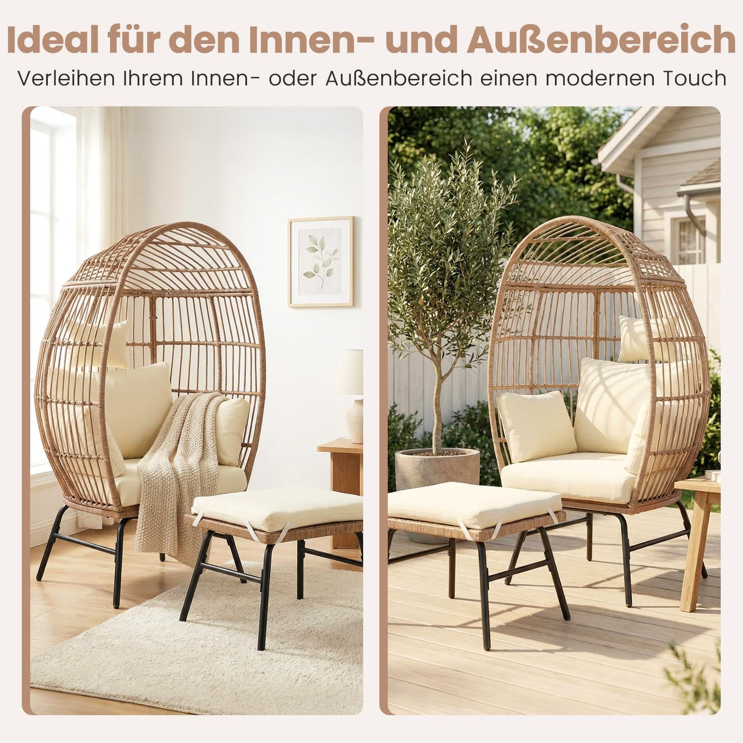 Korbsessel Rattan mit Hocker, Gartensessel Beige mit Kissen