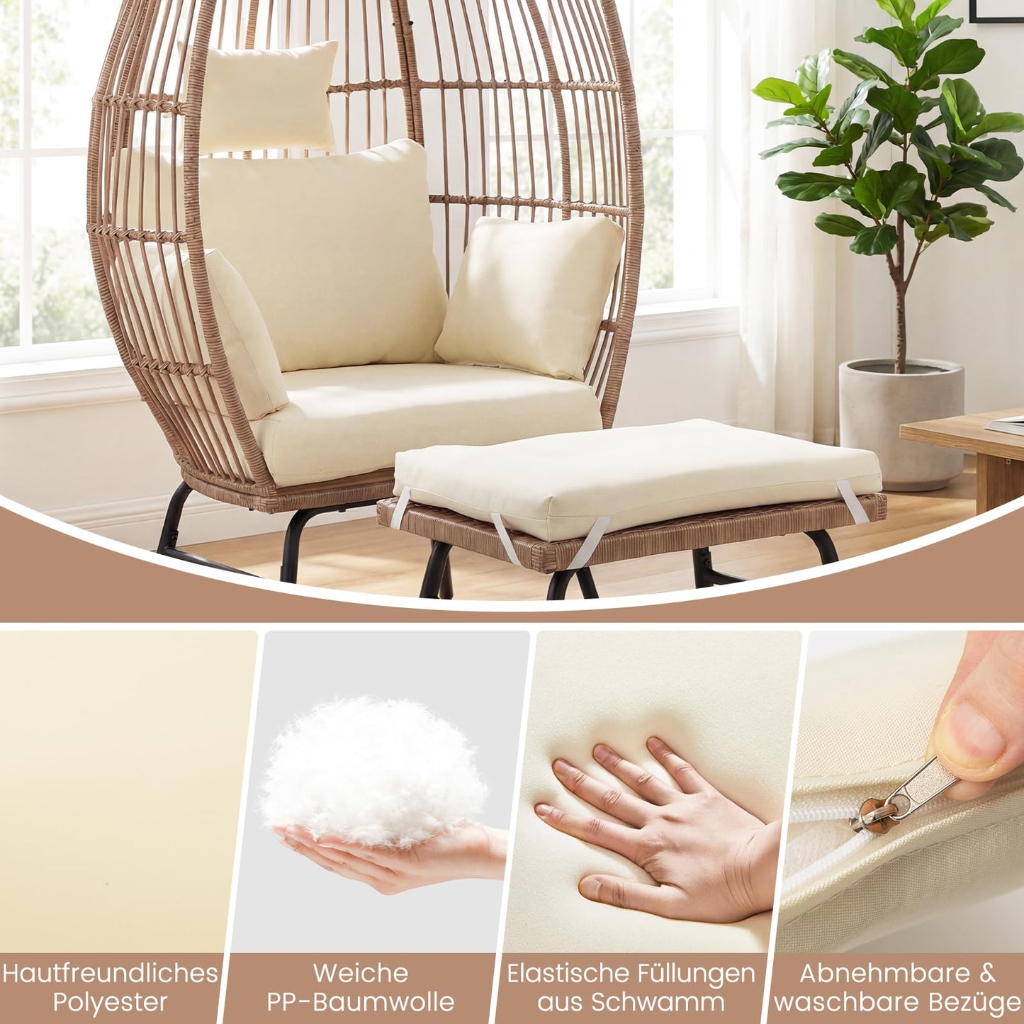 Korbsessel Rattan mit Hocker, Gartensessel Beige mit Kissen