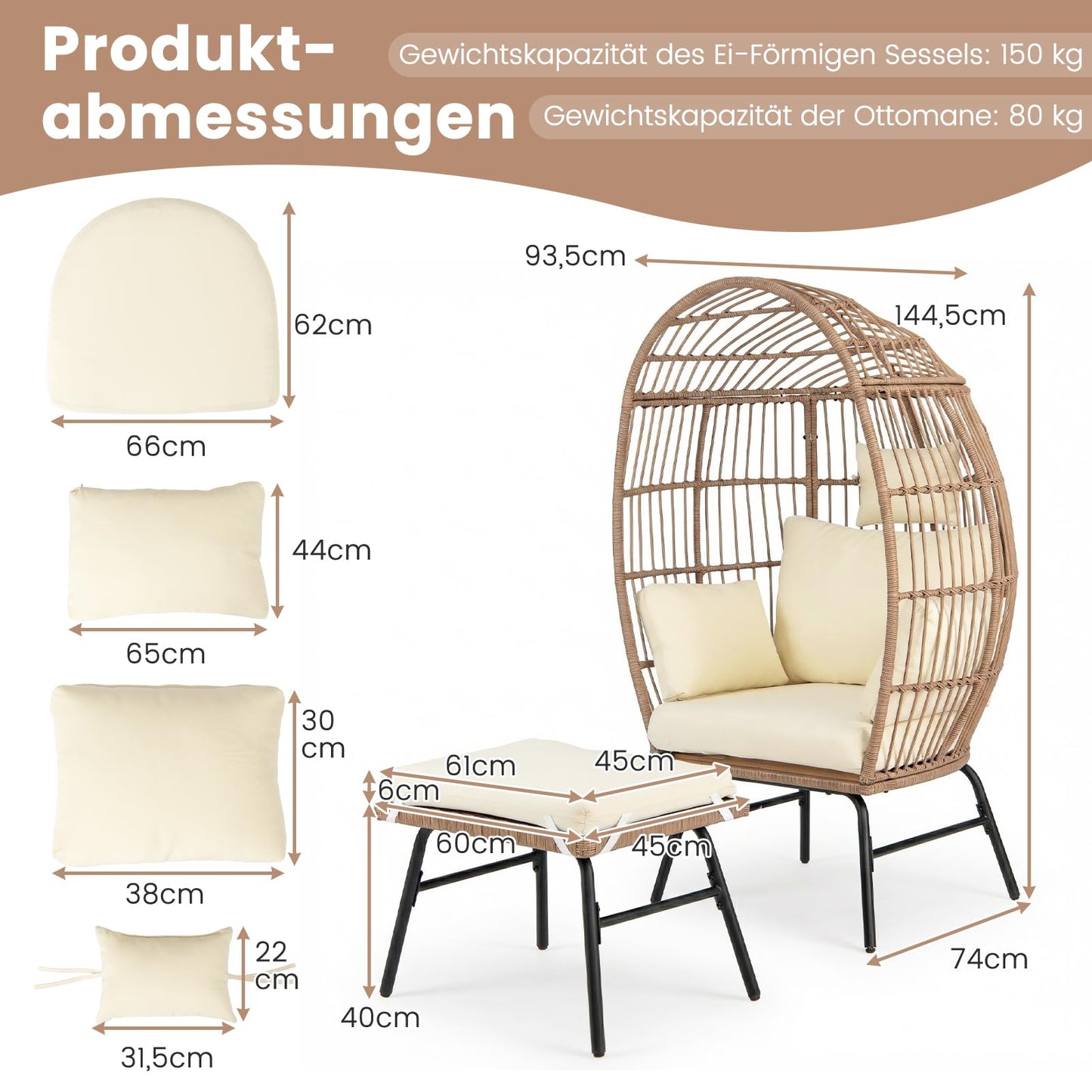 Korbsessel Rattan mit Hocker, Gartensessel Beige mit Kissen