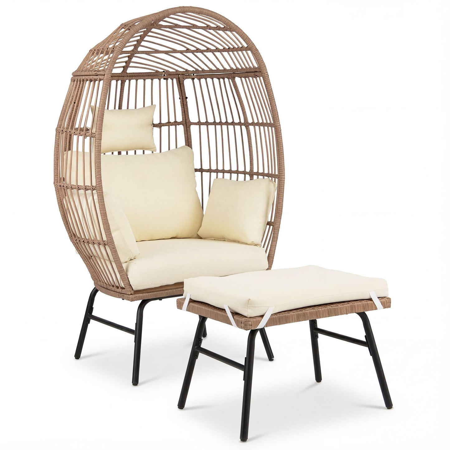 Korbsessel Rattan mit Hocker, Gartensessel Beige mit Kissen