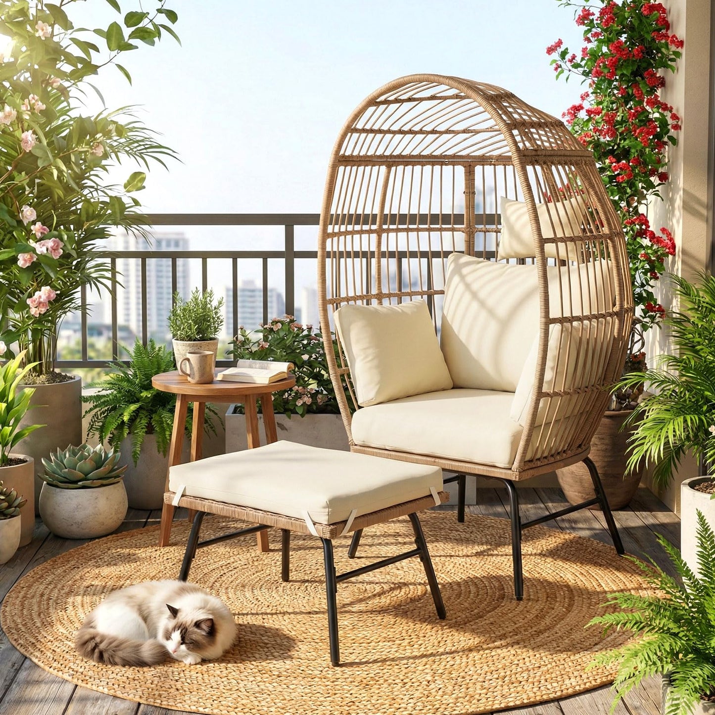 Korbsessel Rattan mit Hocker, Gartensessel Beige mit Kissen