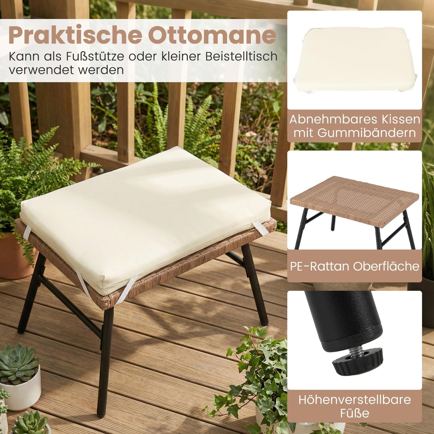 Korbsessel Rattan mit Hocker, Gartensessel Beige mit Kissen