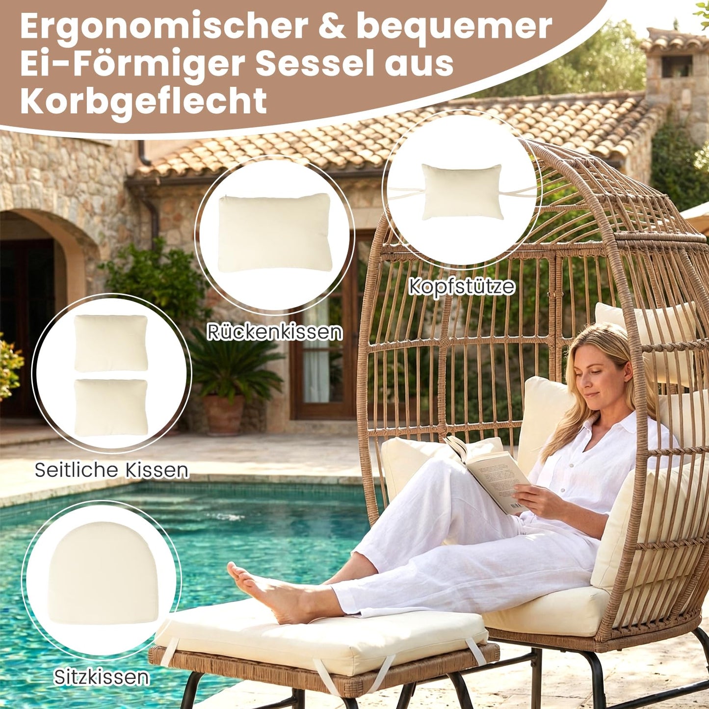 Korbsessel Rattan mit Hocker, Gartensessel Beige mit Kissen