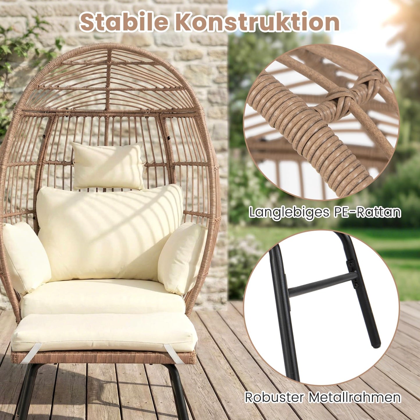 Korbsessel Rattan mit Hocker, Gartensessel Beige mit Kissen